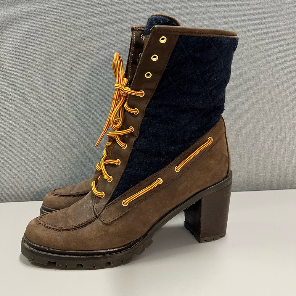 Hunter Henson Boots Navy Quilted Brown Oiled Leather Heeled Size 38 - Picture 3 of 14